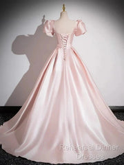 A-Line Satin Pink Quinceanera Dress Long Semi Formal Prom Dress With Bows Short Sleeves
