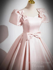 A-Line Satin Pink Quinceanera Dress Long Semi Formal Prom Dress With Bows Short Sleeves