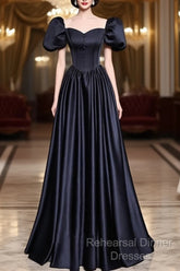 A-Line Satin Puff Sleeves Black Long Semi Formal Prom Dress, Black Long Evening Dress