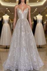 A line sequin long Semi Formal Prom Dresses, Champagne sequin evening Dresses