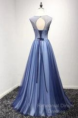 A Line Sheer Neck Rhinestones Long Tulle Semi Formal Prom Dress Floor Length Beautiful