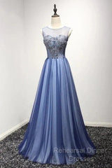 A Line Sheer Neck Rhinestones Long Tulle Semi Formal Prom Dress Floor Length Beautiful