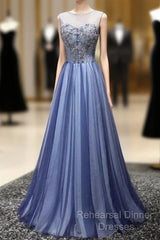 A Line Sheer Neck Rhinestones Long Tulle Semi Formal Prom Dress Floor Length Beautiful