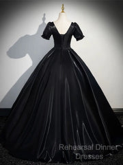 A-Line Short Sleeve Black Satin Long Semi Formal Prom Dress, Black Long Formal Dress