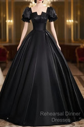 A-Line Short Sleeve Black Satin Long Semi Formal Prom Dress, Black Long Formal Dress