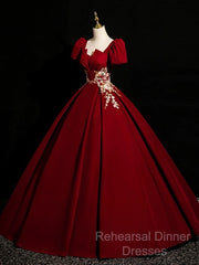 A-Line Short Sleeve Satin Lace Applique Burgundy Long Semi Formal Prom Dress