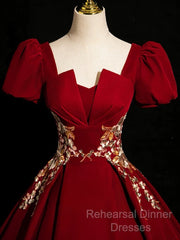 A-Line Short Sleeve Satin Lace Applique Burgundy Long Semi Formal Prom Dress