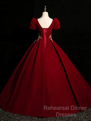 A-Line Short Sleeve Satin Lace Applique Burgundy Long Semi Formal Prom Dress