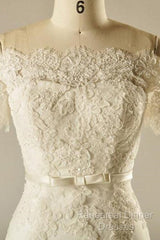 A-Line Short Sleeve Waist Lace Wedding Dress With Appliques Beading