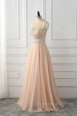 A Line Sleeveless Rhinestone Chiffon Long Semi Formal Prom Dress Floor Length Sparkly