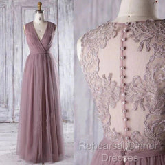 A-Line Sleeveless Tulle Sheath V Neck Tulle Lace Bridesmaid Dresses