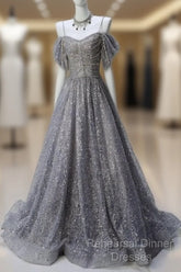 A-Line Spaghetti Strap Mesh Sequin Long Semi Formal Prom Dress Graduation Semi Formal Prom Adult Ceremony Dress