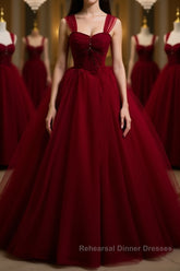 A Line Spaghetti Straps Beaded Burgundy Tulle Long Semi Formal Prom Dresses, Long Burgundy Formal Evening Dresses