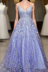 Lavender Spaghetti Straps Lace Floral A-line Semi Formal Prom Gowns Long Semi Formal Prom Dresses