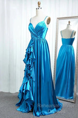 A Line Spaghetti Straps  Satin Semi Formal Prom Dresses With Slit And Flounced