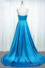 A Line Spaghetti Straps  Satin Semi Formal Prom Dresses With Slit And Flounced