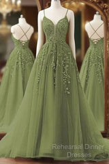 A-Line Spaghetti Straps Sweep Train Semi Formal Prom Dress, Sage Green Tulle  Formal Dress