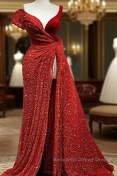 A-Line Sparkle & Shine High Split Semi Formal Prom Formal Evening Dress V Neck Short Sleeve Court Train Satin With Sequin Slit