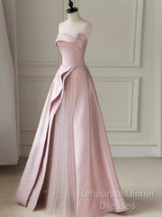 A Line Strapless Pink Party Dress Long Satin Semi Formal Prom Dress
