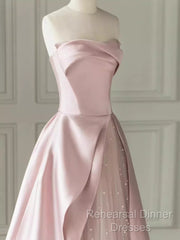 A Line Strapless Pink Party Dress Long Satin Semi Formal Prom Dress