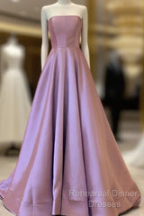 A-Line Strapless Satin Semi Formal Prom Dresses Mauve Pink Formal Gown Floor Length