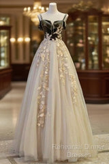 A Line Straps Tulle Long Semi Formal Prom Dress Evening Dresses