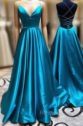A Line Stretch Satin Emerald Green Semi Formal Prom Dresses Spaghetti Straps V Neck Dress