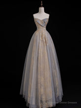 A Line Sweetheart Neck Gray Blue Long Prom Dress, Gray Court Train Blue Formal Gowns