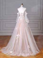 A-Line Sweetheart Neck Long Sleeve Lace Tulle Light Champagne Long Semi Formal Prom Dress