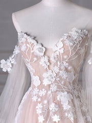 A-Line Sweetheart Neck Long Sleeve Lace Tulle Light Champagne Long Semi Formal Prom Dress