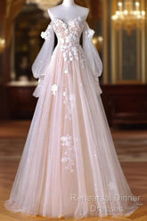 A-Line Sweetheart Neck Long Sleeve Lace Tulle Light Champagne Long Semi Formal Prom Dress