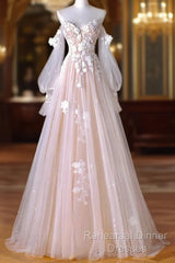 A-Line Sweetheart Neck Long Sleeve Lace Tulle Light Champagne Long Semi Formal Prom Dress
