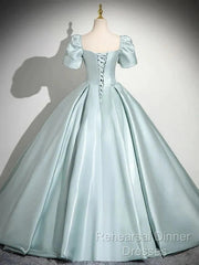 A-Line Sweetheart Neck Puff Sleeves Satin Quinceanera Dress Blue Long Semi Formal Prom Dress Elegant Evening Dress