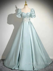 A-Line Sweetheart Neck Puff Sleeves Satin Quinceanera Dress Blue Long Semi Formal Prom Dress Elegant Evening Dress
