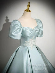 A-Line Sweetheart Neck Puff Sleeves Satin Quinceanera Dress Blue Long Semi Formal Prom Dress Elegant Evening Dress