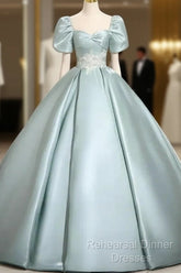 A-Line Sweetheart Neck Puff Sleeves Satin Quinceanera Dress Blue Long Semi Formal Prom Dress Elegant Evening Dress