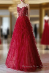 A-Line Sweetheart Neck Tulle Beads Burgundy Long Semi Formal Prom Dress