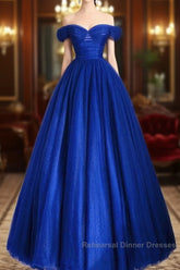 A-Line Sweetheart Neck Tulle Blue Long Semi Formal Prom Dress, Blue Long Formal Dress