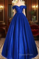 A-Line Sweetheart Neck Tulle Blue Long Evening Prom Dress, Blue Long Formal Dress