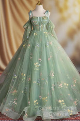 A-Line Sweetheart Neck Tulle Lace Green Long Semi Formal Prom Dress