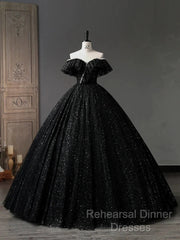A-Line Sweetheart Neck Tulle Sequin Black Long Semi Formal Prom Dress, Black Long Formal Dress