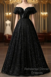 A-Line Sweetheart Neck Tulle Sequin Black Long Semi Formal Prom Dress, Black Long Formal Dress