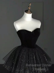A-Line Sweetheart Neck Tulle Velvet Black Long Semi Formal Prom Dress, Black Evening Dress
