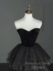 A-Line Sweetheart Neck Tulle Velvet Black Long Semi Formal Prom Dress, Black Evening Dress