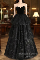 A-Line Sweetheart Neck Tulle Velvet Black Long Semi Formal Prom Dress, Black Evening Dress