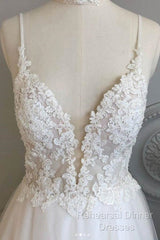 A-Line Thin Shoulder Strap Beach Wedding Dress Lace And Floor Length Wedding Dress