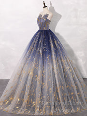 A-Line Tulle Blue Long Semi Formal Prom Dress, Blue Tulle Long Evening Dresses