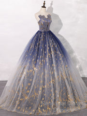 A-Line Tulle Blue Long Semi Formal Prom Dress, Blue Tulle Long Evening Dresses
