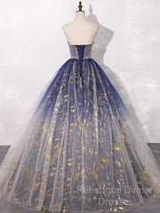 A-Line Tulle Blue Long Semi Formal Prom Dress, Blue Tulle Long Evening Dresses