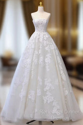 A-Line Tulle Lace Beige Long Semi Formal Prom Dress, Beige Long Formal Dress